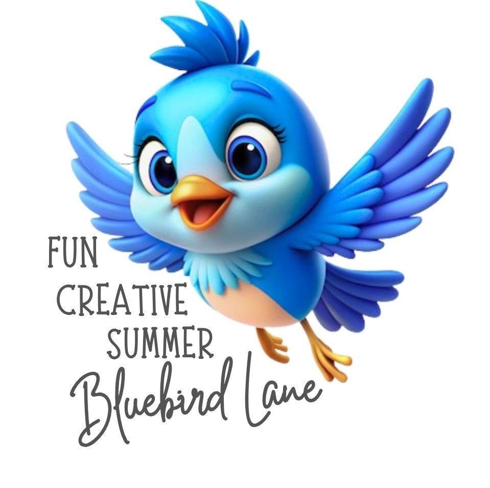 The logo of Bluebird Lane Market, a computer illustration of a cheerful blue bird in flight with the text, "Fun Creative Summer Bluebird Lane".